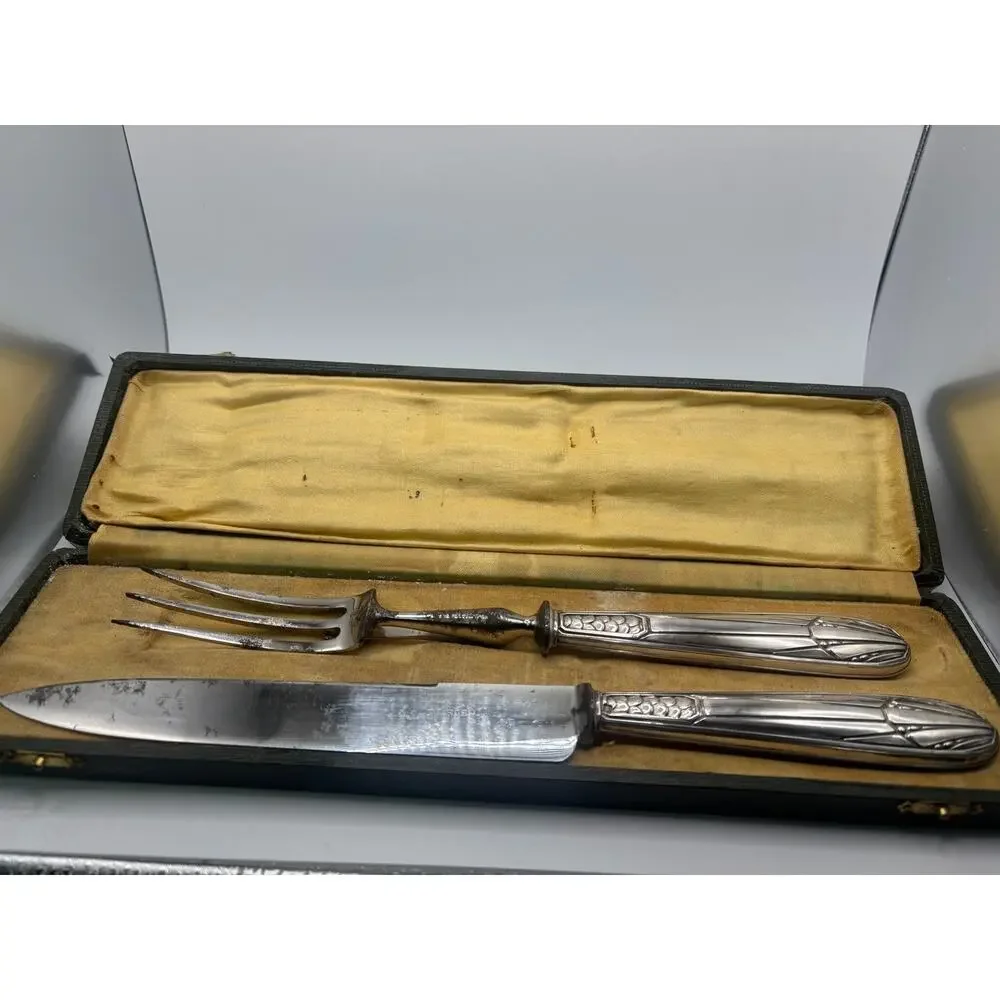 ANTIQUE FRENCH SILVER ROAST CARVING SET Charles Murat CATTAILS BOX .950